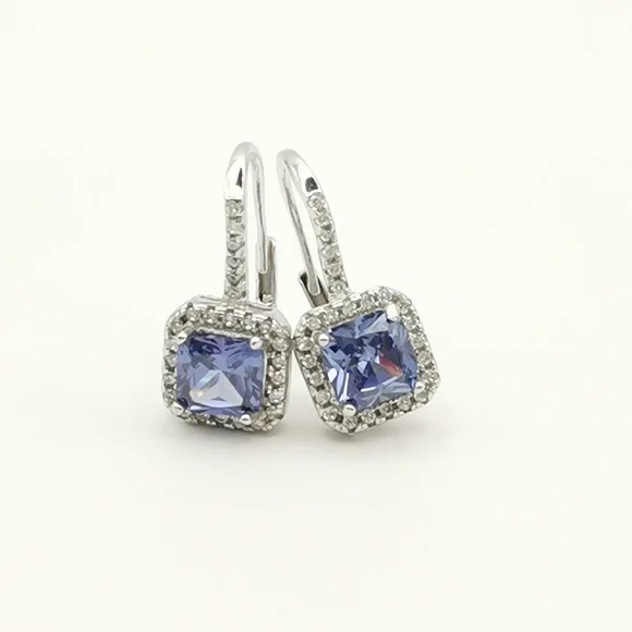 Sterling Silver CZ Sapphire CZ square cut earrings lever backs - Picture 1 of 9
